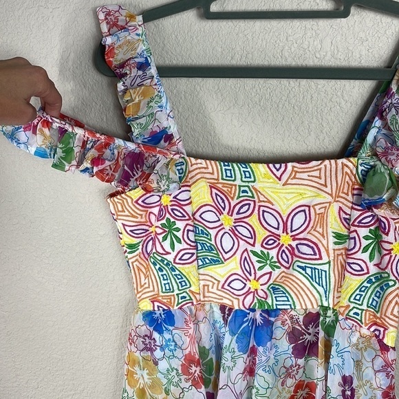 NWT All Things Mochi Ilima Floral Embroidered Mini Dress Tiered Off Shoulder M - Picture 5 of 12